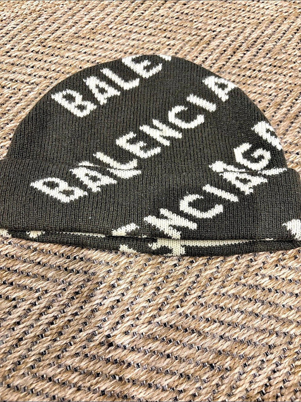 BALENCIAGA Allover Logo Beanie Black & White